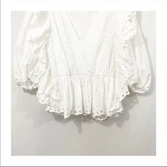 ZARA EYELET RUFFLE PUFF SLEEVE COTTON OUTWORK OPENWORK EMBROIDERED TOP - Picture 6 of 10